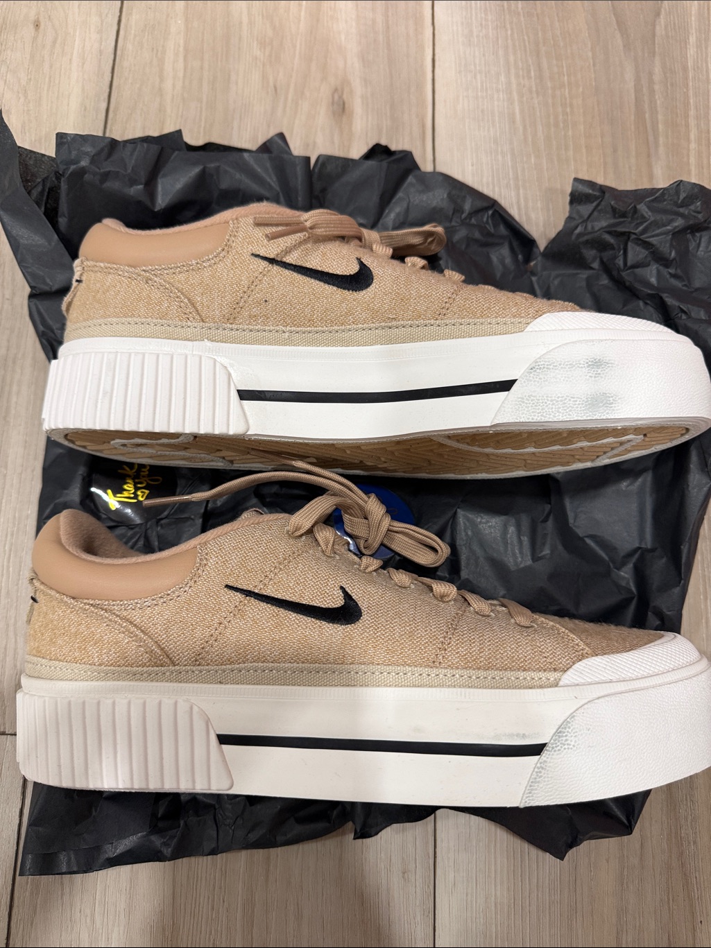 Nike Tan Canvas Platform Sneakers With Black Swoosh
